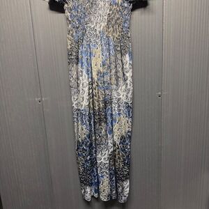 OSTOO Womens XXL Blue Paisley Peacock Print Smocked Waist V-Neck Maxi Dress